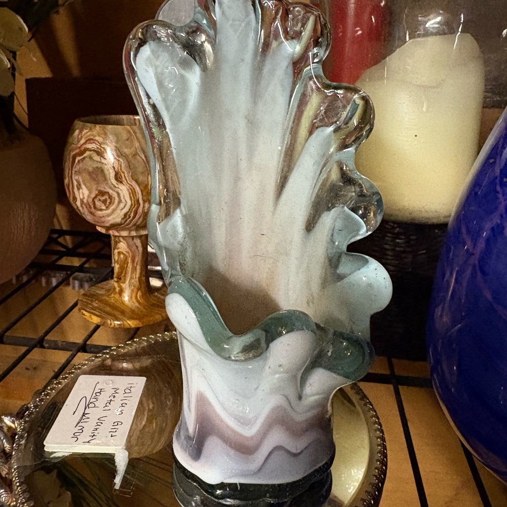 Murano Glass Hand Blown Vase with White and mauve  Waves